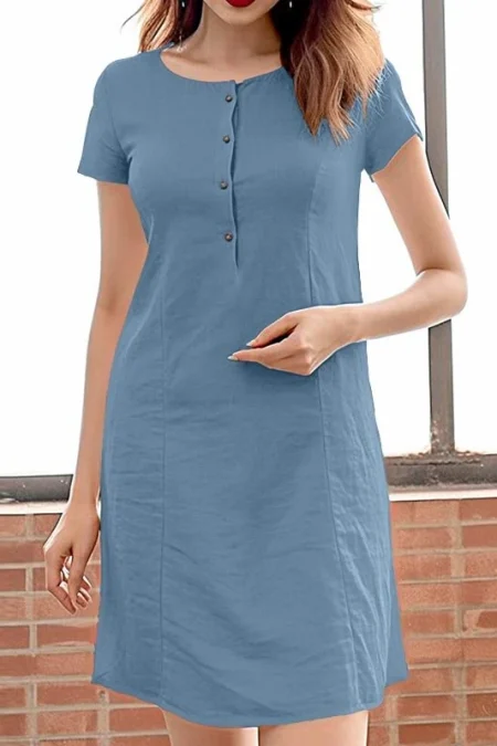 ZANZEA Womens Casual Loose Dress Holiday Short Sleeve Round Neck Plain Vestidos Sundress