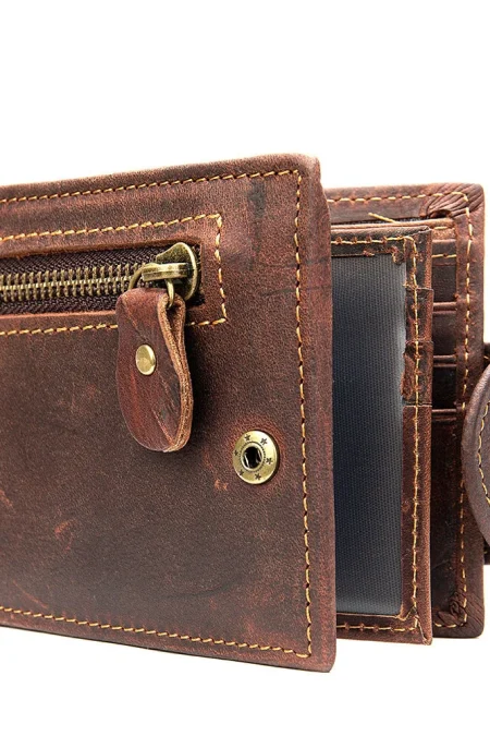 Ekphero Men's Vintage Genuine Leather Short Wallet with Zipper Pocket and Snap Closure Stylish Bifold Multi-Card Holder