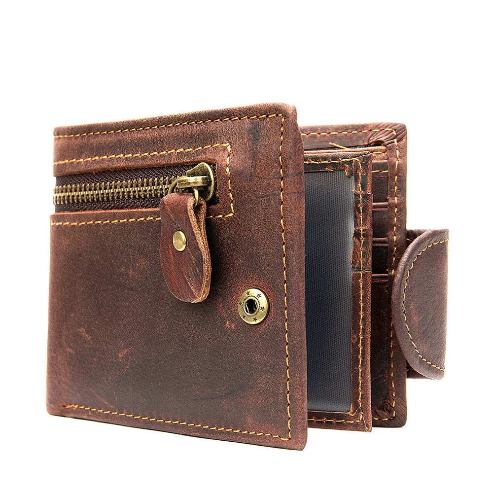 Ekphero Men's Vintage Genuine Leather Short Wallet with Zipper Pocket and Snap Closure Stylish Bifold Multi-Card Holder
