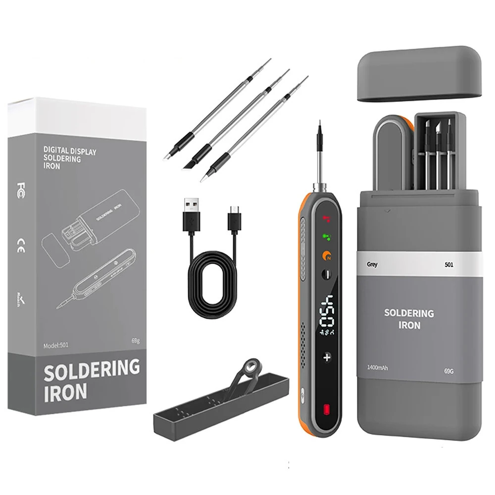 USB Digital Soldering Iron Set Adjustable Temperature 180-450℃ Type-C Rechargeable 1400mAh Battery Portable Kit for Elec