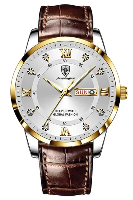 POEDAGAR Luxury Rhinestone Business Men Quartz Watch Calendar Week Luminous Pointer Leather Strap Waterproof Wristwatch