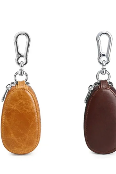Ekphero Men Genuine Leather Mini Car Key Case Minimalist Zipper Key Holder Storage Bag for Men Double Layer Key Slot Bag