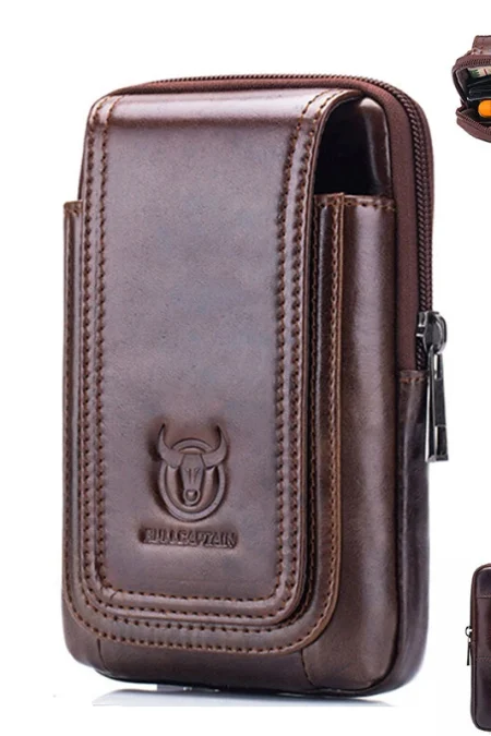 BULLCAPTAIN Men's Leather Belt Waist Bag Travel Small Fanny Pack Phone Pouch Multifunctional Male Waist Bag Leather Pouc