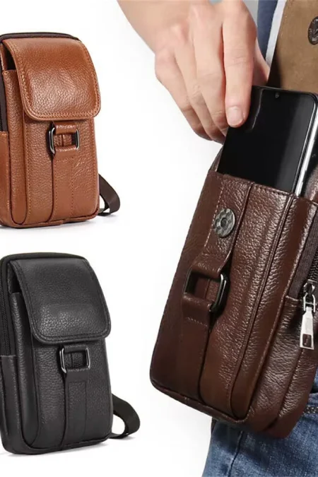 Men's Genuine Leather Mobile Phone Waist Bag Outdoor Work Key Chain Wear Belt Hanging Fanny Pack Portable Sport Hiking S
