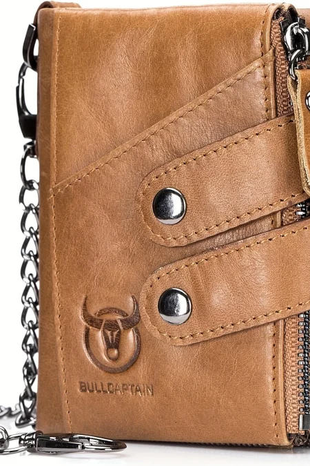 BULLCAPTAIN Genuine Leather Mens Wallet RFID Blocking Short Wallet with Chain Multifunction Card Holder Double Zipper Co
