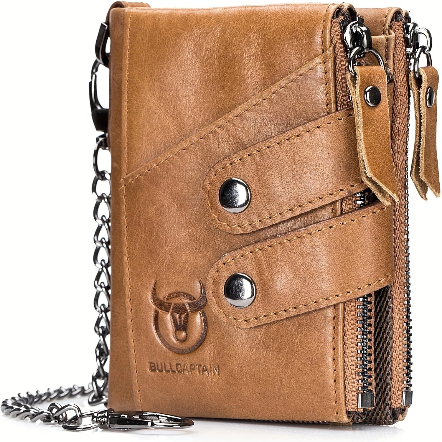 BULLCAPTAIN Genuine Leather Mens Wallet RFID Blocking Short Wallet with Chain Multifunction Card Holder Double Zipper Co