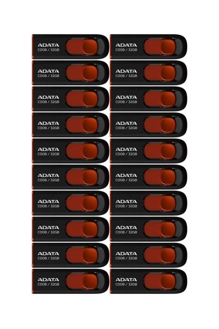 Adata C008 32GB USB 2.0 Retractable Flash Drive (Red) with USB 3.0 to USB-C Adapter (20-Pack)