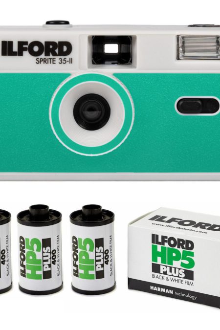 Ilford Sprite 35-II Reusable and Reloadable 35mm Analog Film Camera (Silver and Teal) Bundle