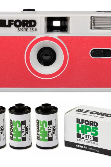 Ilford Sprite 35-II Reusable and Reloadable 35mm Analog Film Camera (Silver and Red) Bundle