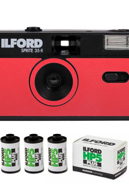 Ilford Sprite 35-II Reusable Reloadable 35mm Analog Film Camera (Red-Black) with 3x Roll Film Bundle