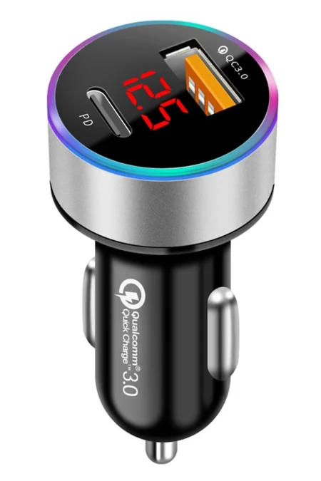 38W Car Charger PD+USB QC3.0 Quick Charging Phone Charger 12V -24V Lighter Socket with LED Voltmeter Display