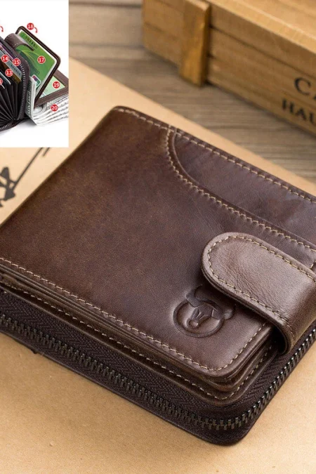 BULLCAPTAIN Genuine Leather Mens Zipper Wallet RFID Blocking Short Wallet Vintage Multi-card Holder Secure Coin Purse Co