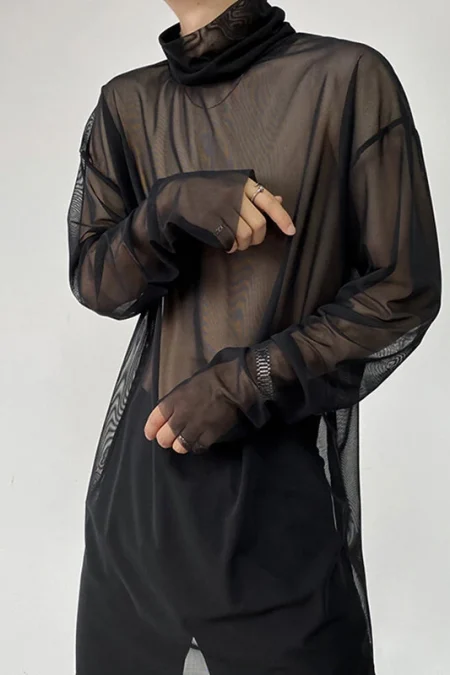 Mens Sheer Mesh See Through High Neck Long Sleeve T-Shirt