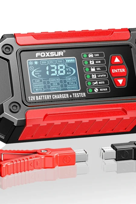 FOXUR FTC-1206 Car Battery Charger Tester with Comprehensive Health Check Precise Test Range 4AH-200AH Pulse Repair Func