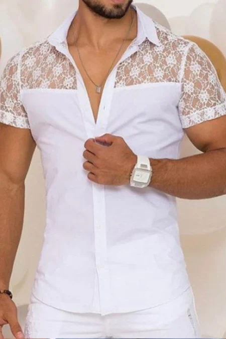 INCERUN Mens Shirt Patchwork Lace Short Sleeve White Shirt Summer Casual Daily Lapel Top Men Clothing