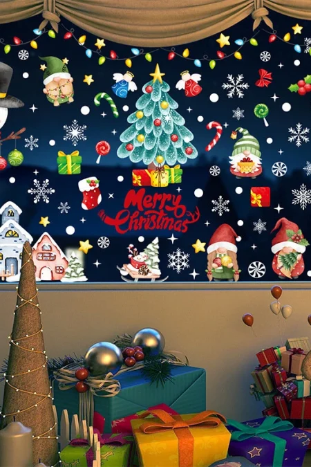 Christmas Static Window Stickers Festive Holiday Decoration Decals Hand-Painted Santa Claus Christmas Tree Stickers Chri
