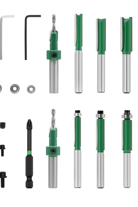15Pcs 8mm Shank Adjustable Woodworking Countersink Drill Bit Set with TCT Router Bits S2 Magnetic Screwdriver Carbide Ti