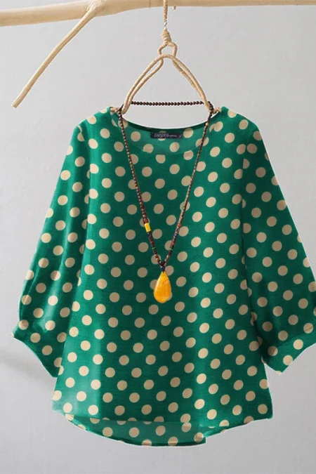 ZANZEA Women Summer Casual 3/4 Sleeve Blouses O Neck Polka Dot Loose Ladylike Shirt Top