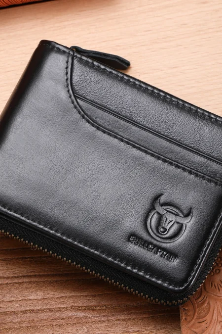 BULLCAPTAIN Men Short Wallet RFID Blocking Card Holder Cowhide Coin Purse Retro Genuine Leather Clutch Zipper Male Money