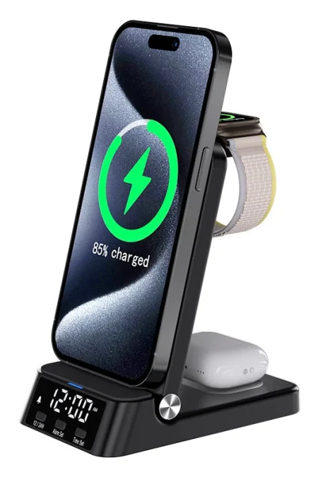 4-in-1 Foldable Alarm Clock 15W Wireless Charger Phone Bracket Fast Wireless Charging Stand for iPhone 17 17 Pro 16 Pro