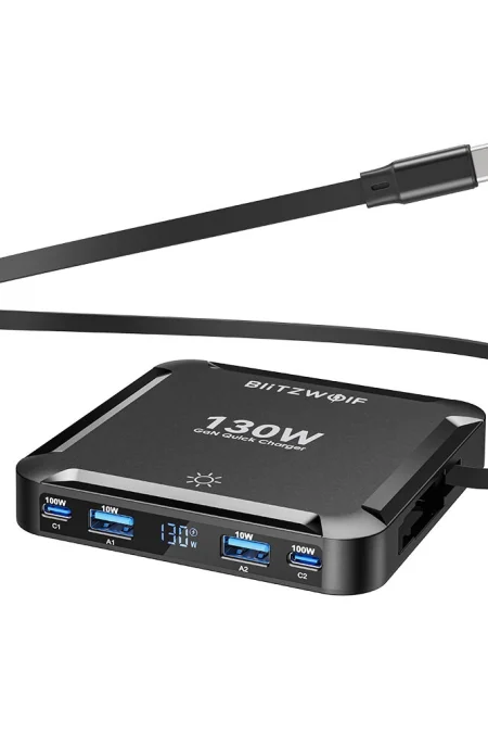 [GaN Tech] Blitzwolf® BW-S32 130W 5 in 1 USB PD Digital Display Charger with Retractable Cable Fast Charging Desktop Cha