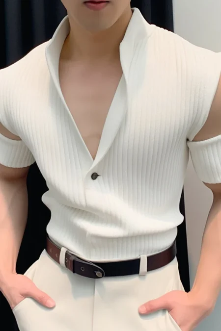 INCERUN Mens Thin Knitted Fabric Cut-off Short Sleeve Tops Lapel Shirts