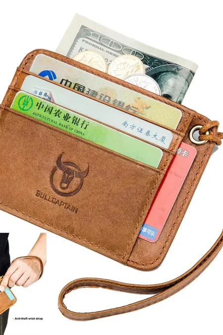 BULLCAPTAIN Men's Genuine Leather Credit Card Holder Mini RFID Protection Card Bag Thin Coin Purse with Rope