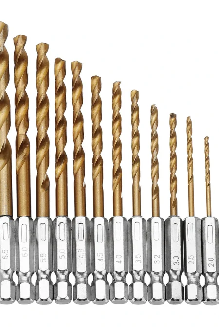 Drillpro DB-T2 13pcs 1.5-6.5mm HSS Titanium Coated 1/4 Inch Hex Shank Twist Drill Bit Set