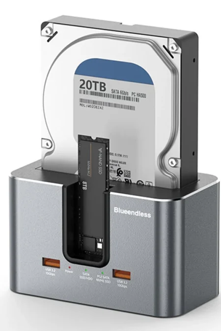 Blueendless HD01SN Dual Bay Hard Drive Docking Station Enclosure Case Support 2.5/3.5inch SATA HDD and M.2 NVME/SATA SSD