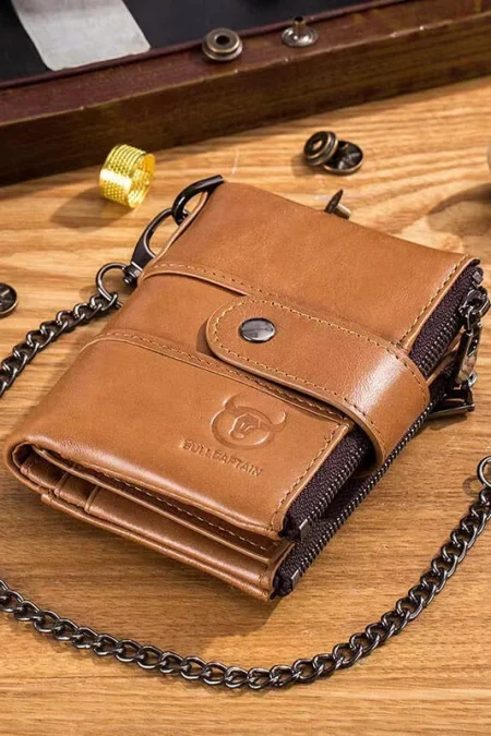 BULLCAPTAIN Cow Leather Men Wallet Short with Chain Multi Card Slot Double Zipper Business Retro Coin Purse Holder Credi