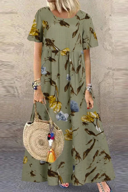 Vintage Floral Print Short Sleeve Loose Casual Maxi Dress