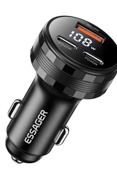 ESSAGER ES-CC25 108W 3-Port USB PD Car Charger Adapter USB-A+2USB-C PD3.0 QC3.0 Support FCP AFC iP2.4 Fast Charging with