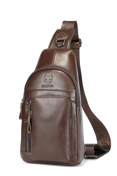 BULLCAPTAIN 8-Inch Men's Chest Bag Top-grain Cowhide Leather Vintage Multi-Pocket Shoulder Messenger Bag for Outdoor Dai