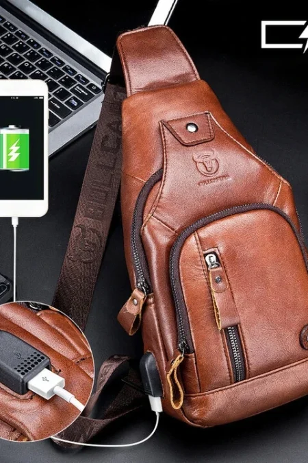 BULLCAPTAIN Mens Genuine Leather USB Charging Large Capacity Business Casual Chest Bag Shoulder Crossbody Bag