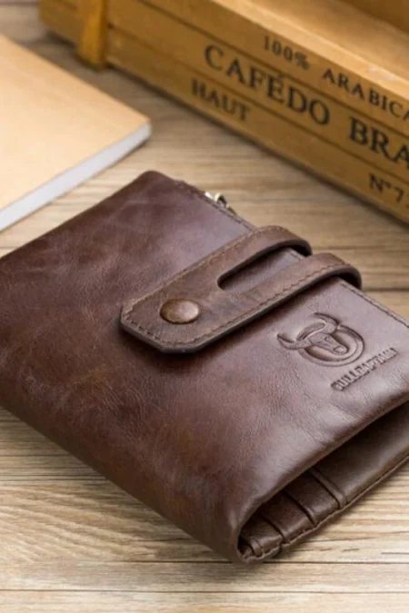 BULLCAPTAIN Mens Retro Genuine Leather Wallet RFID Anti-thef Multicard Slot Wallet Card Holder Double Zipper Coin Purse