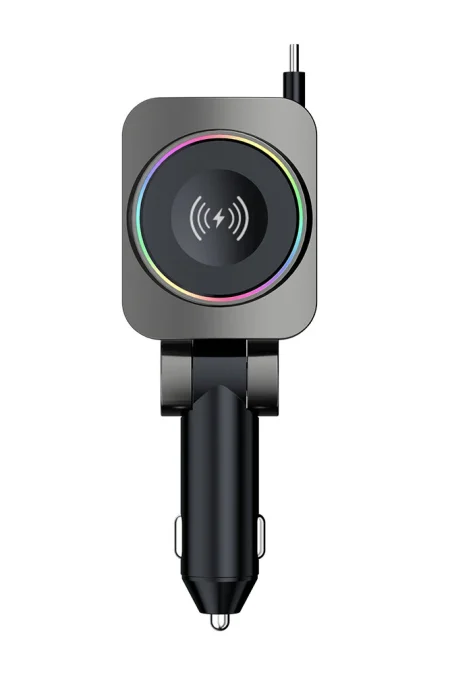 K38S Retractable Cord Watch Wireless Charger Ambient Lighting PD30W QC3.0 3.1A Car USB Multi-Port for Mobile Phone Fast