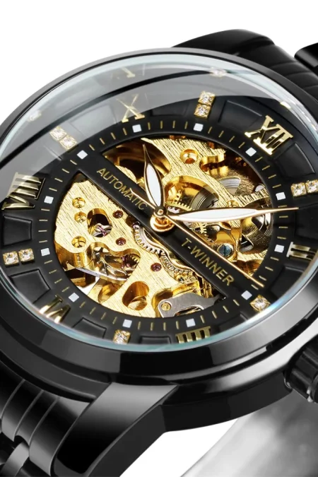 Classic Mechanical Watches Luxury Diamond Dial Black Gold Skeleton Automatic Mens Watch Stainless Steel Strap Wristwatch