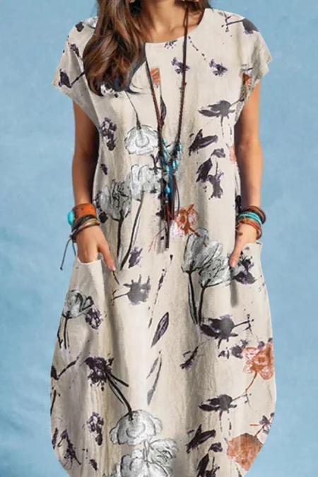 Plant Print Pocket Short Sleeve Casual Midi Dress