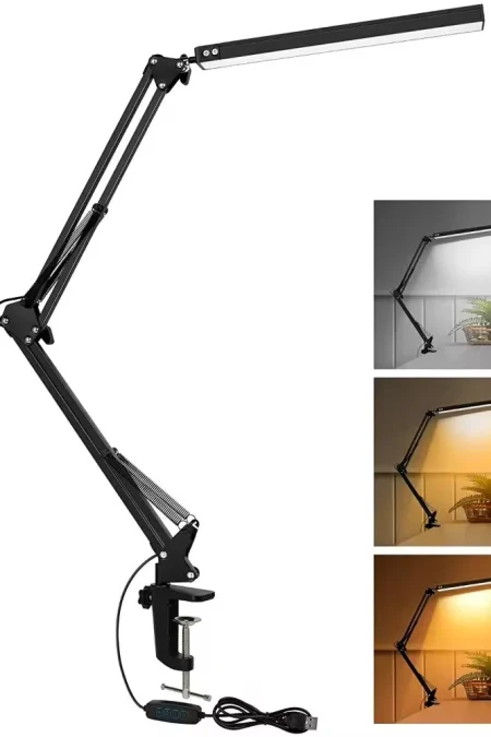 10W LED Desk Lamp with Clamp Adjustable Swing Arm Dimmable 10 Brightness Levels 3 Color Modes Eye-Care Lighting for Home