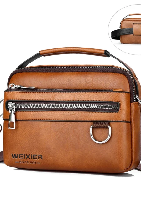 WEIXIER PU Leather Men's Small Crossbody Bag Waterproof Portable Waist Pack Fashion Travel Handbag Multi-layer Storage S