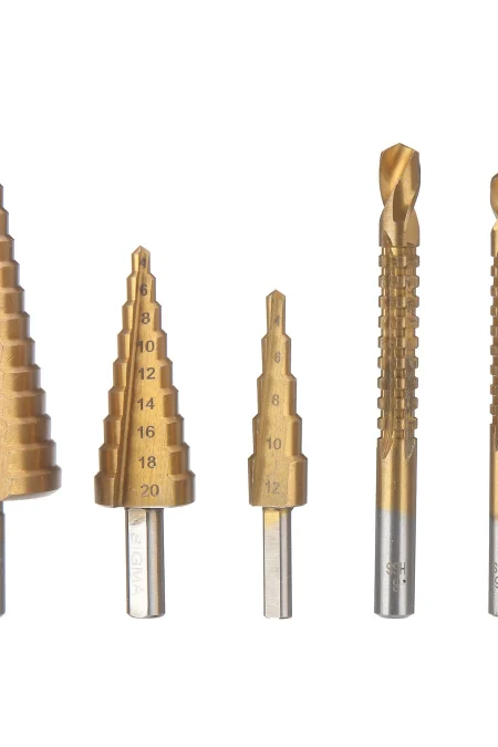 6PCs HSS Step Drill Bit Sets Straight Titanium Coated Cone Hole Cutter Automatic Center Punch Spiral Twist Saw Drill Bit