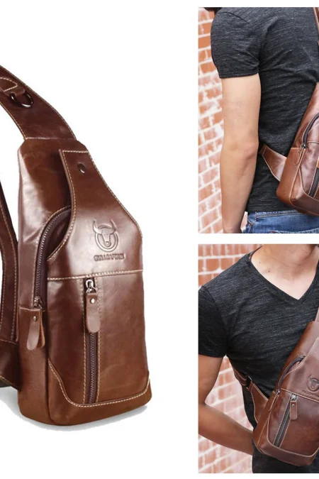 BULLCAPTAIN Men Genuine Leather Wear Resisting Textured Business Casual Brown Black Chest Bag Shoulder Crossbody Bag