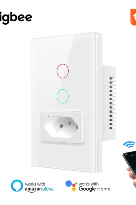 Brazil Standard Tuya Zigbee3.0 Smart Wall Light Switch with Socket 4X2 Glass Panel Light Switch Smart Life Voice Control
