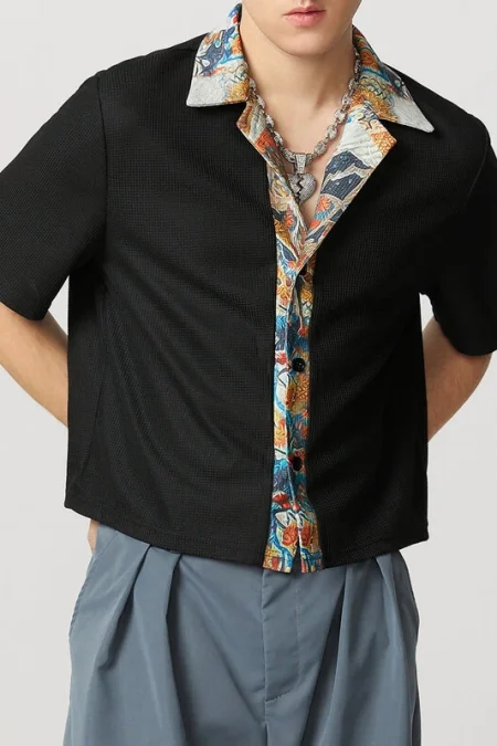 INCERUN Mens Textured Patchwork Cropped Short Sleeve Shirt Comfortable Fashion Solid Printed Edge Lapel Top