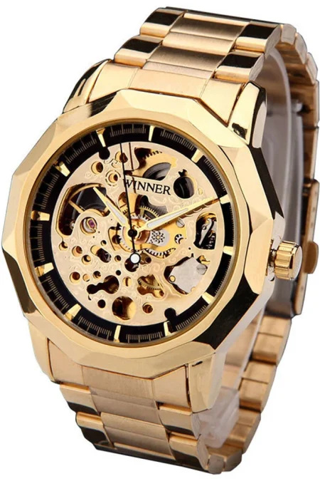 Fashion Fully Auto Mechanical Skeleton Men Watch Retro Exquisite Dial Gold Steel Band Wristwatch