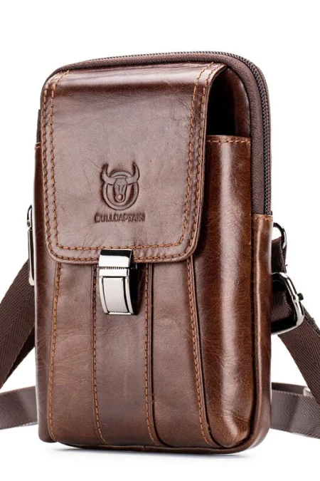 BULLCAPTAIN Men's Genuine Leather Waist Bag Vintage Fashion Cowhide Multipurpose Compact Shoulder Belt Waist Packs Mobil