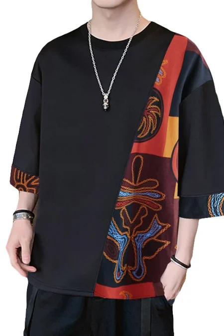 INCERUN Mens T Shirts Loose Fit Casual T-shirts for Men Print Patchwork Fashion Male Tee Tops Summer Short Sleeve Men Cl