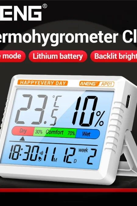ANENG AP01 Thermohygrometer Clock with Backlit LCD Display Real-Time Temperature and Humidity Monitor Built-in Alarm and