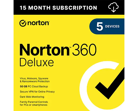 Lenovo Norton 360 Deluxe for up to 5 Devices  – Antivirus, VPN, and Advanced AI-powered Scam Protection, 15-Month Subscription